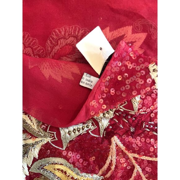 VTG Megan Park England Red Embroidered Silk Beaded Scarf Shawl Barneys NY Luxe - Picture 9 of 11